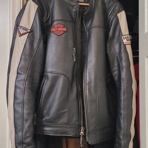 Harley-Davidson Black and Cream Leather Bomber Jacket